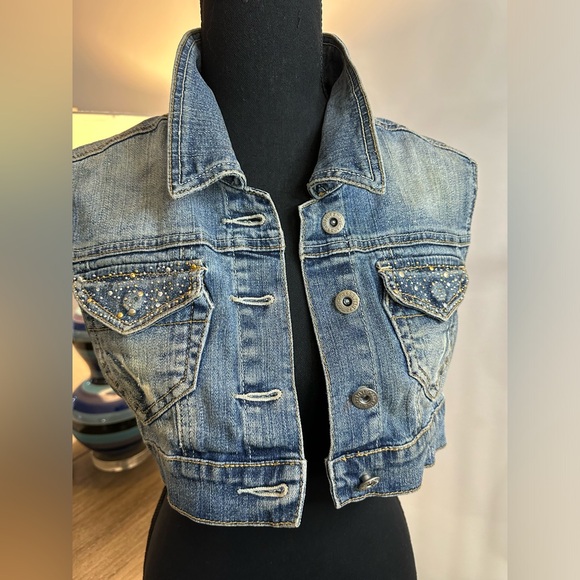 Americana Blues Distressed Embellished Sleeveless Vest - Size S - Picture 6 of 13